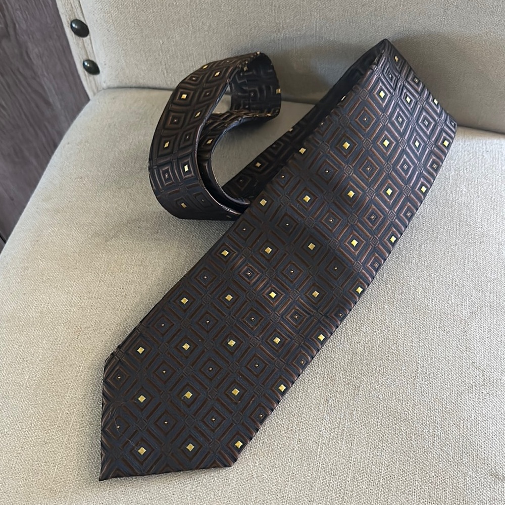 Boss Hugo Boss Men’s Geometric Print Silk Tie Brown Gold One Size